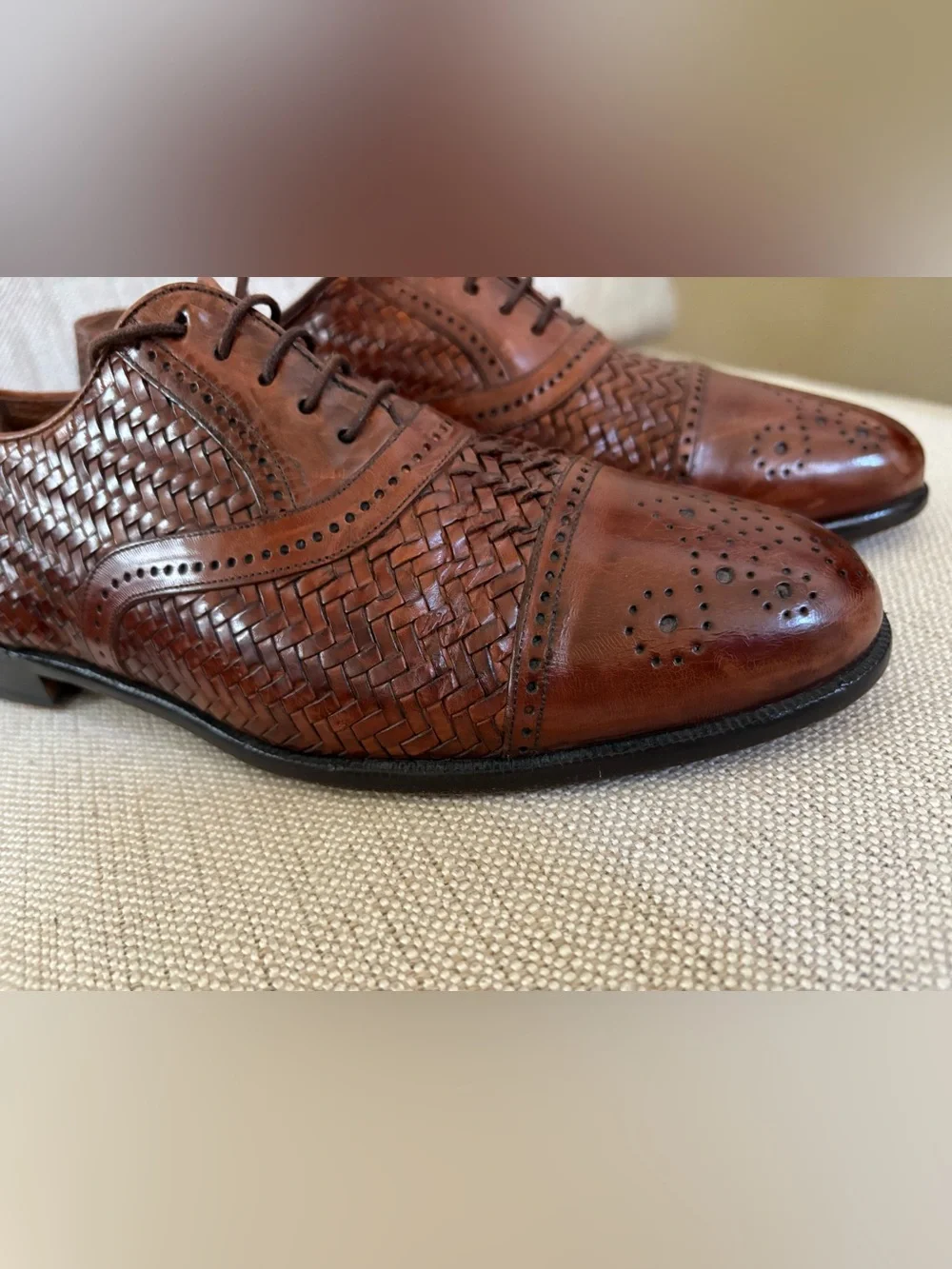 CHURCH’S Prima Classe Woven Leather Oxfords Cap Toe Brown Mens 8.5 Made in Spain